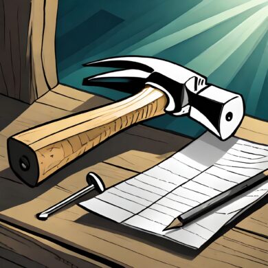 Werkzeuge. Ein Hammer, ein Nagel, Stift und Zettel.